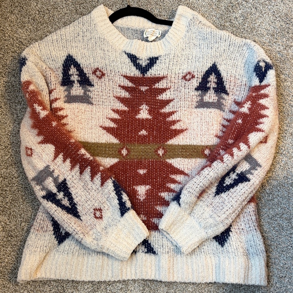 Love Riche Beige and Red Patterned Crewneck Sweater